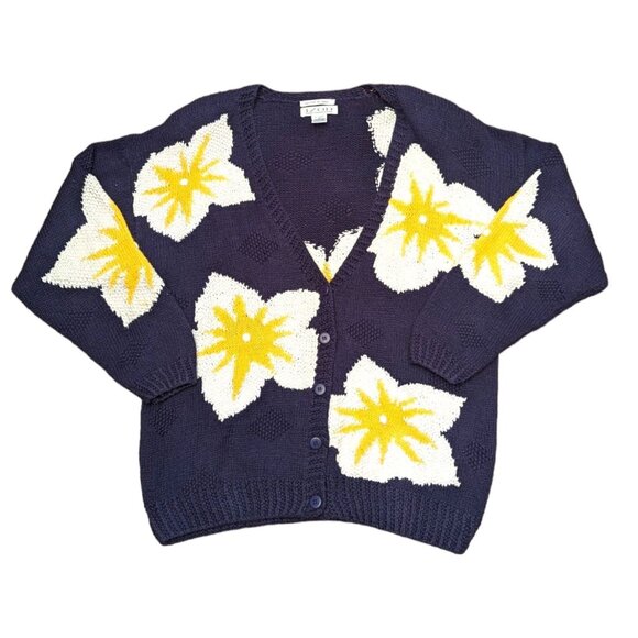 Izod Sweaters - Vintage 80s Izod Navy Blue Floral Cardigan Sweater Knitted By Hand Size Large L